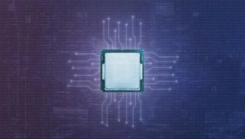 Graphic processor unit GPU and microelectronic circuits. Binary code on purpl 스톡 사진