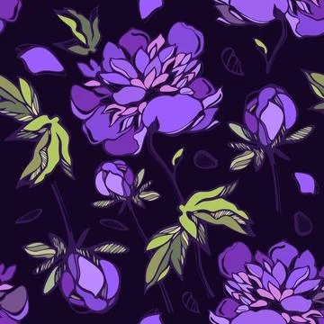Graphic purple peonies on a dark background. Beautiful seamless pattern for b Stock Illustration