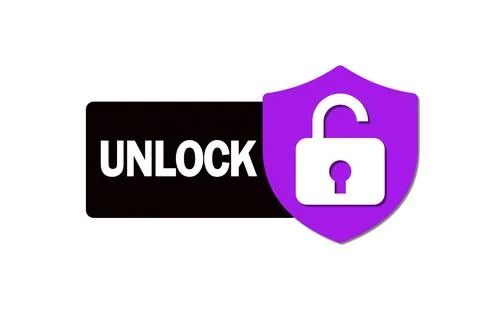 Graphic of a purple shield with a lock icon and the word UNLOCK indicating .. Illustrazione stock