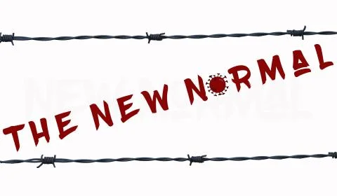 Graphic reading "THE NEW NORMAL" with a border of barbed wire, COVID-19 Stock Illustration