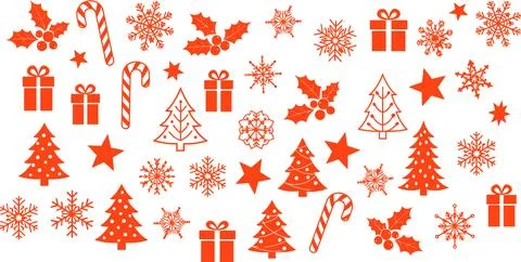 Graphic red christmas elements including trees, candy canes, snowflakes, star Stock Illustration