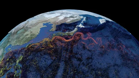 Graphic representation of ocean currents in waters of the oceans around Japan Stock Footage 330876212