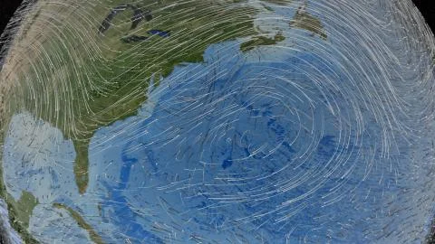 Graphic representation of winds on the surface over the  Atlantic ocean and N Foto stock