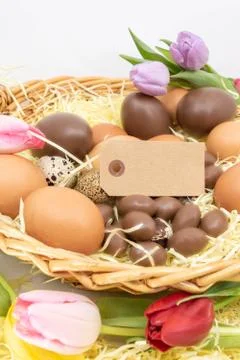 Graphic resource with blank label in Easter basket with eggs and tulips Stock Photos