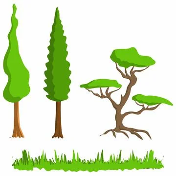 Graphic resource Drawn trees of different varieties. some regular green field Stock Illustration