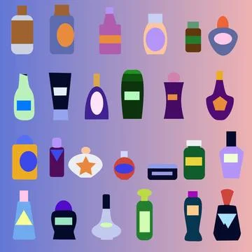 Graphic resource set of different perfume bottles, shampoo jars and bottles with Stock Illustration