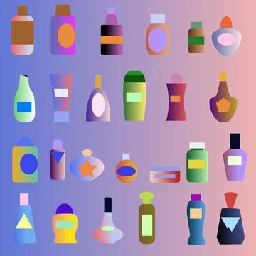 Graphic resource set of different perfume bottles, shampoo jars and bottles with Stock Illustration