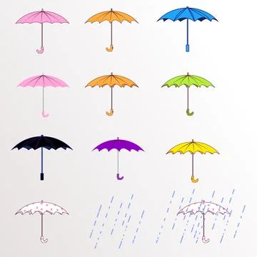 Graphic resource A set of umbrellas of different colors and a little rain Stock Illustration