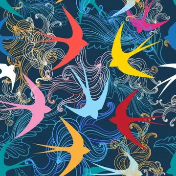 Graphic seamless pattern with colorful swallows Stock Illustration