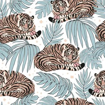 Graphic seamless pattern of tigers, and palm leaves. Beautiful vector illustr Stock Illustration
