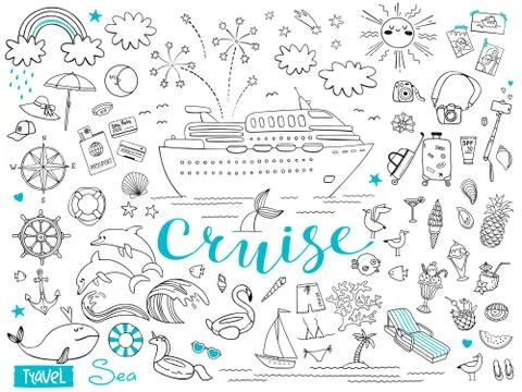 Graphic set of elements. Journey on a cruise ship. Package tour. Vector Stock Illustration