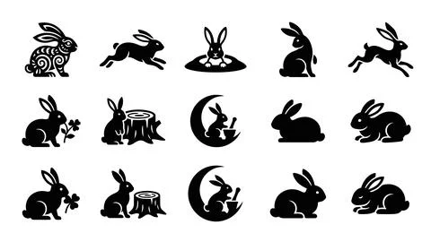 Graphic set of rabbit silhouettes for mid autumn festival decorations. イラスト素材