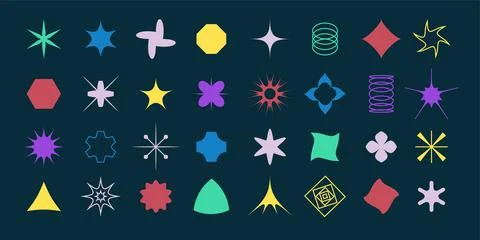 Graphic shapes. Pattern polygon figure elements. Abstract circle brutalist mo Stock Illustration