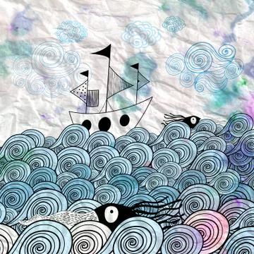 Graphic ship at sea Stock Illustration