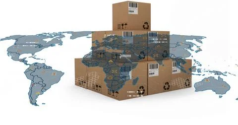 Graphic showing boxes piling up on white backdrop, with barcodes, world map Foto stock
