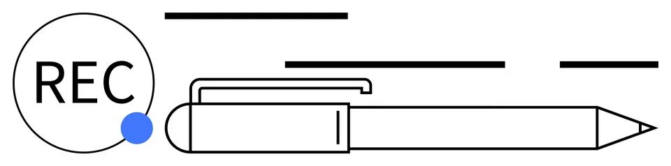 Graphic showing a REC button with dynamic lines and a pen. Ideal for media pr Stock Illustration