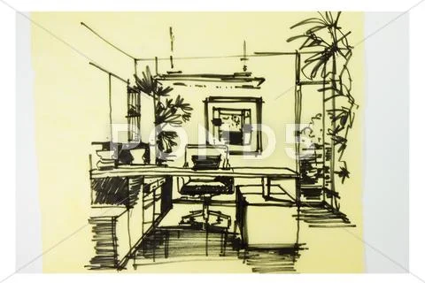 Interior sketch of home office room. Outline furniture design of cabinet  room. Project view Stock Vector Image & Art - Alamy