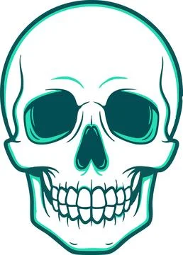 Graphic skull vector art features teal outlines and detailing on a white back Stock Illustration
