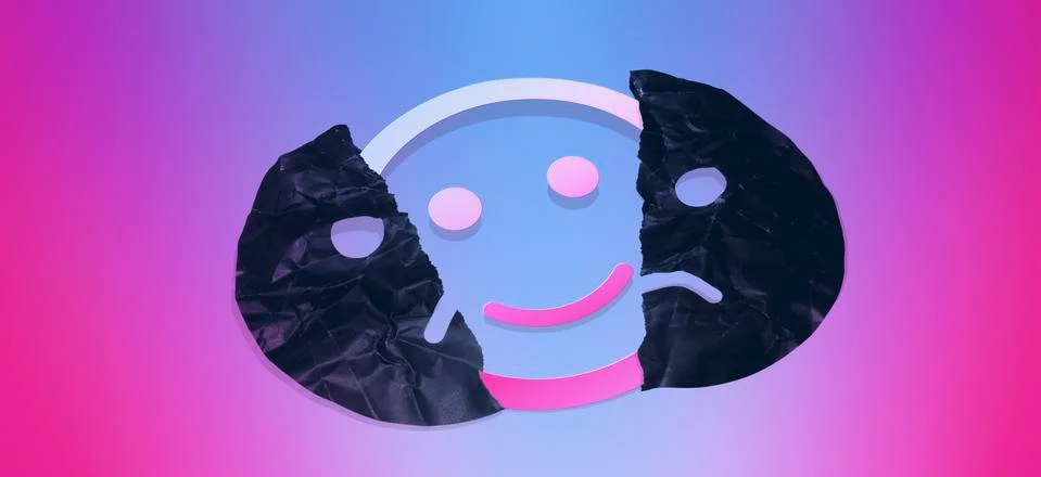 Graphic of a smiley face behind a torn sad face Stock Illustration