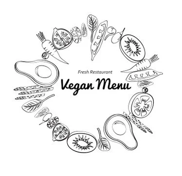 Graphic stroke vegetables and fruit round art. Vegan vegetable raw farm organic Stock Illustration