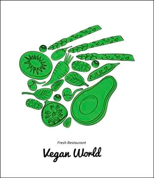 Graphic stroke vegetables and fruit round art. Vegan vegetable raw farm org.. Stock-Illustration