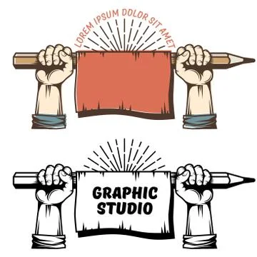 	Graphic studio logo, concept - hands holding a large pencil with banner Stock Illustration
