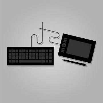 Graphic tablet and keyboard with wire cable. Flat vector illustration. Stock Illustration