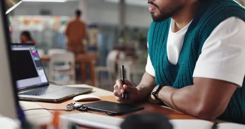 Graphic tablet, hands and drawing with laptop screen for logo design, art or Stock Footage 312877363