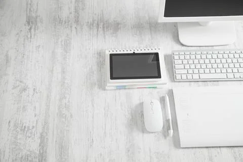 Graphic tablet, mouse, keyboard. Graphic designer workplace Stock Photos