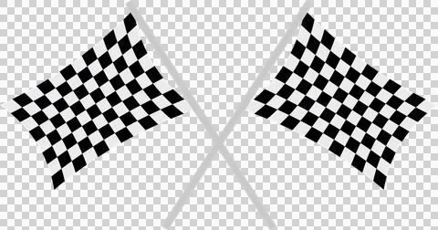 A graphic of two checkered flags crossed against a solid black background, .. Illustrazione stock