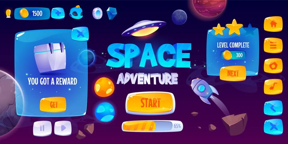 Graphic user interface for space adventure game Ilustración de archivo