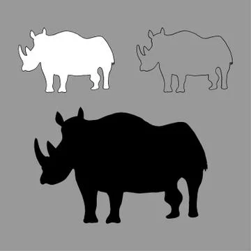 Graphic vector outline, white and black silhouette of a rhino Stock Illustration