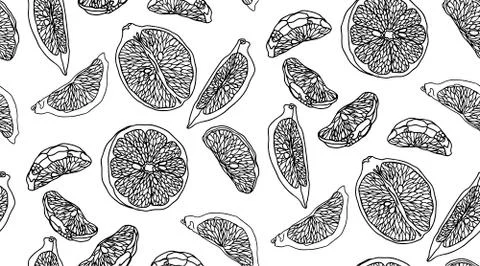 Graphic vector seamless black-and-white pattern with citrus slice 스톡 일러스트
