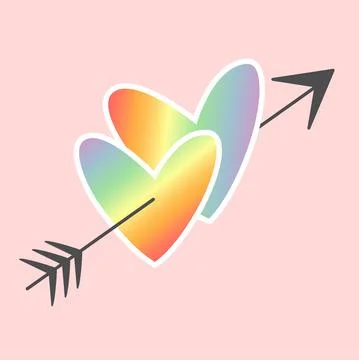 Graphic vector sticker on LGBT topic using rainbow hearts and arrow on pink Stock Illustration