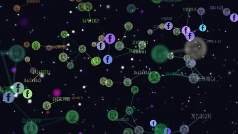 Graphic video animation of network abstract users, flying icons of Facebook Stock Footage 101851504