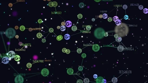 Graphic video animation of network abstract users, flying icons of Google plus Stock Footage 101851580