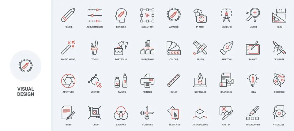 Graphic visual design, designer ideas portfolio, software and tools line icon Stock Illustration