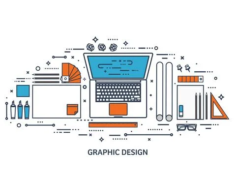 Graphic web design. Drawing and painting. Development. Illustration, sketching Illustrazione stock