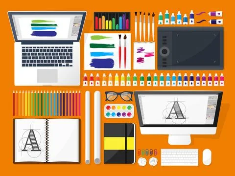Graphic web design. Drawing and painting. Development. Illustration, sketching Stock Illustration