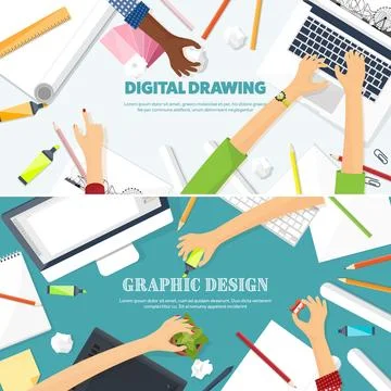 Graphic web design. Drawing and painting. Development. Illustration, sketching Stock Illustration