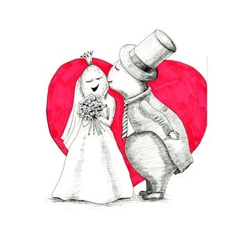 Graphic wedding drawing of two lovers on a red heart background Stock Illustration