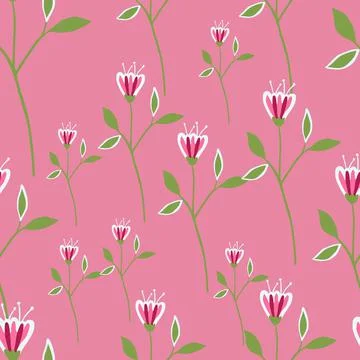 Graphic wildflower seamless pattern on pink background. Stock Illustration