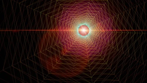 Graphic Wireframe Tunnel Moving Forward To Scifi Red Sun Flare On Space Stock Footage 87629111