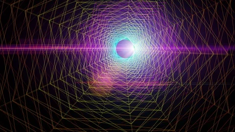Graphic Wireframe Tunnel Moving Forward To Purple Sun Flare On Space Stock Footage 87629478