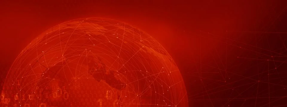 Graphical blockchain red theme background with connection lines and binary Stock Illustration