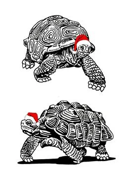 Graphical christmas elements , turtles in red Santa Claus hat isolated on white 스톡 일러스트