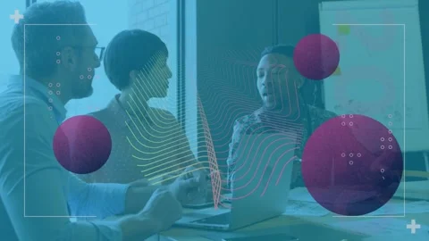 Graphical circles and wave patterns moving over multiracial coworkers discussing Stock Footage 329853841