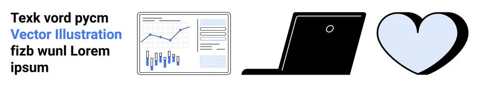 Graphical data chart, text block, laptop silhouette, white heart shape. Ideal Stock Illustration