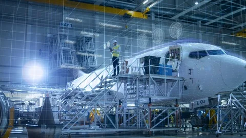 Graphical Digitalized Maintenance of Airplane by Engineer with Tablet Computer Stock Footage 97572141