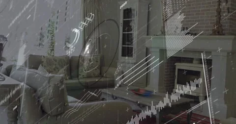 Graphical elements fading into living room, line charts rising and swirling to Stock Footage 318260358